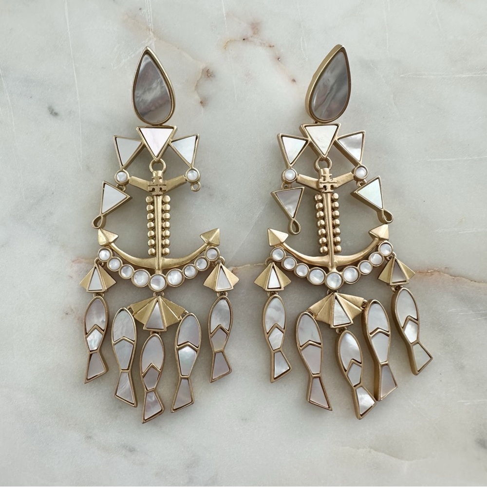 Tory Burch Gold & Mother of Pearl Nautical Chandelier Clip On Earrings